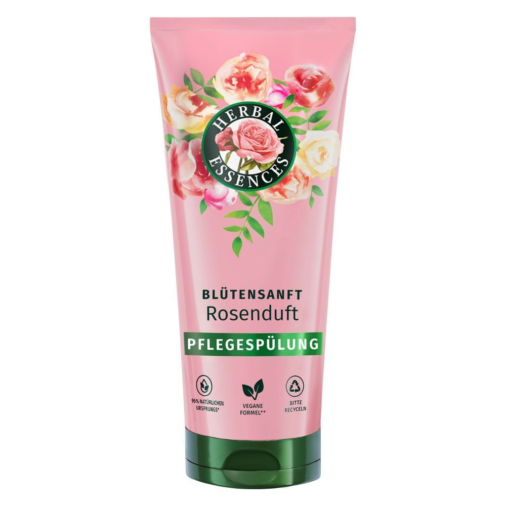 Herbal Essences Blütensanft Rosenduft Pflegespülung, mit dem Hinweis auf 96% natürlichen Ursprungs und vegane Formel.