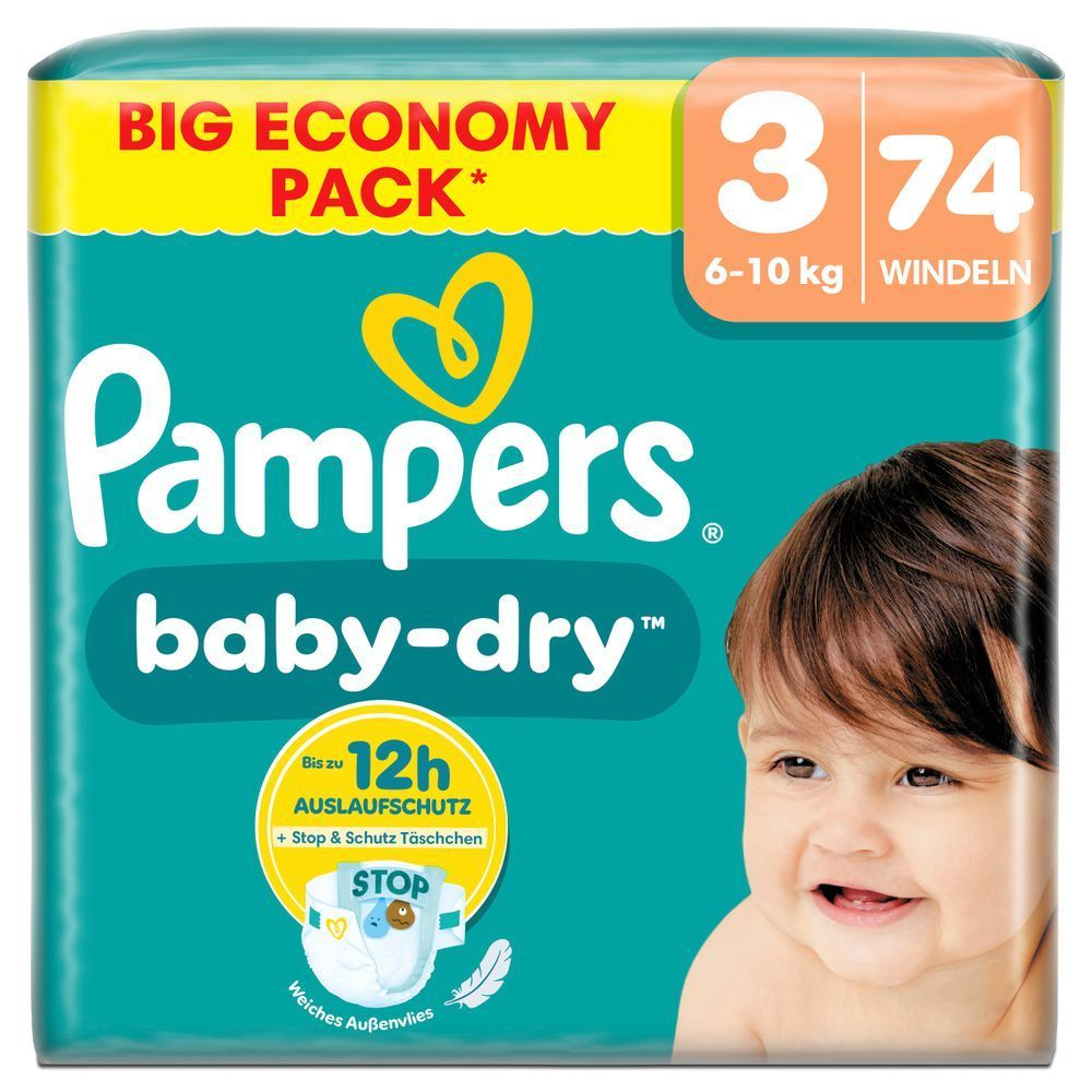 Pampers Baby-Dry Big Economy Pack, Größe 3 mit 74 Windeln, 6-10kg, hervorgehoben werden die Produktvorteile: Bis zu 12 Stunden Auslaufschutz und Stop & Schutz Täschchen.