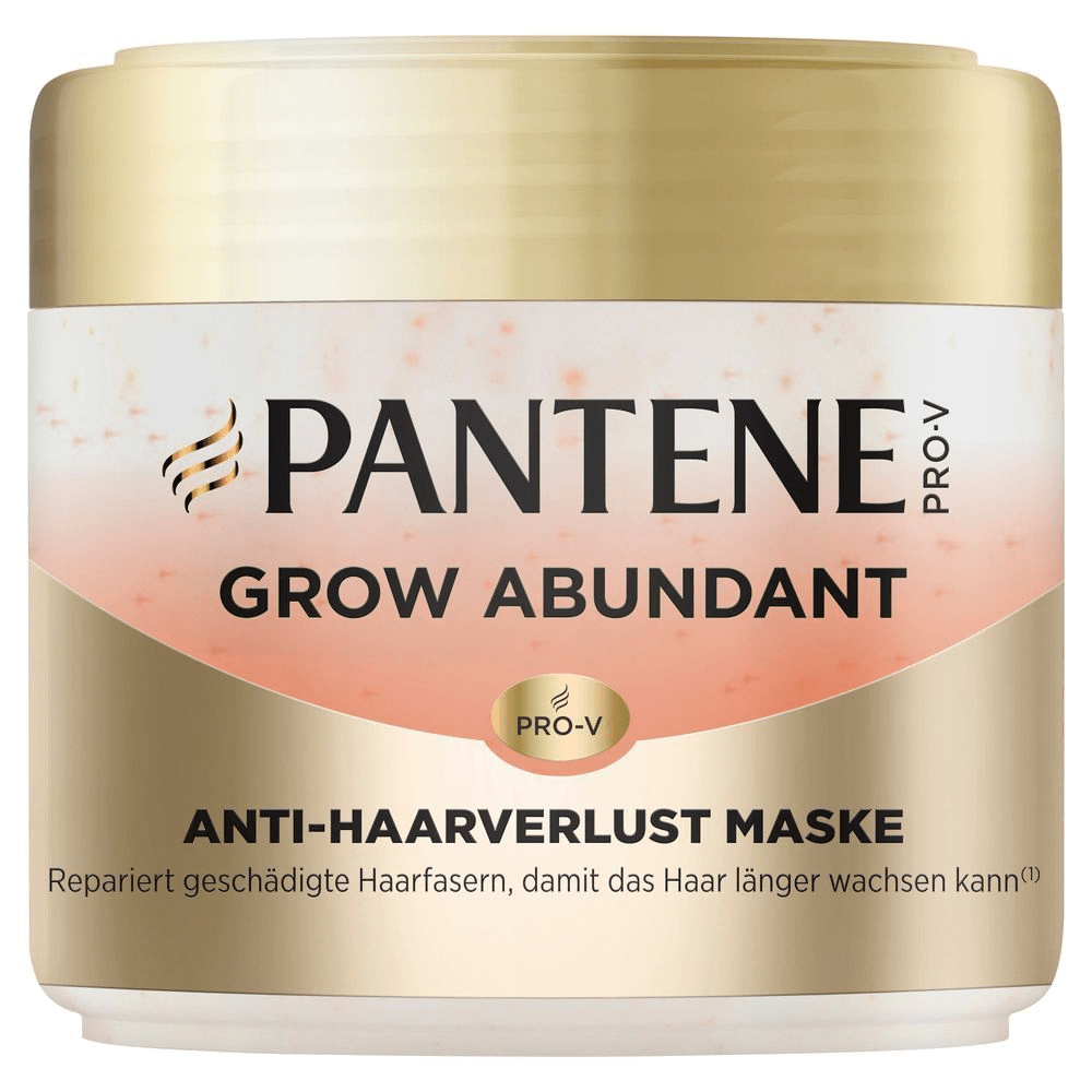 Pantene Pro-V Grow Abundant Anti-Haarverlust Maske, die geschädigte Haarfasern repariert, damit das Haar länger wachsen kann.