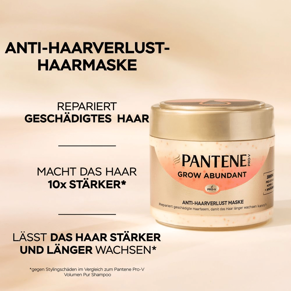 Ein runder Tiegel mit Pantene Pro-V Grow Abundant Anti-Haarverlust Haarmaske steht auf einem beigefarbenen Hintergrund. Daneben stehen in schwarzer Schrift die Vorteile des Produkts: Rekonstruiert beschädigtes Haar, Macht das Haar 10x stärker*, Lässt das Haar stärker und länger wachsen*.