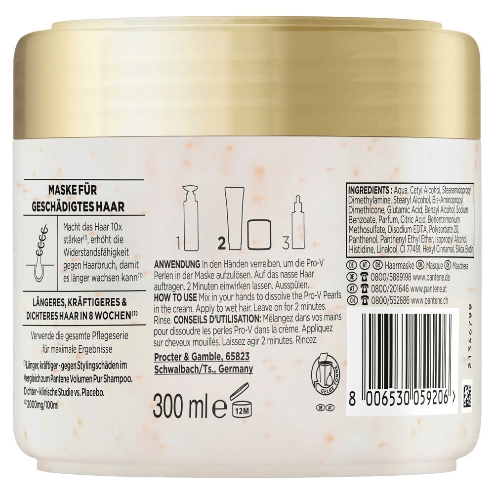 Pantene Pro-V Maske für geschädigtes Haar, formuliert, um das Haar 10x stärker zu machen und Haarbruch zu reduzieren.