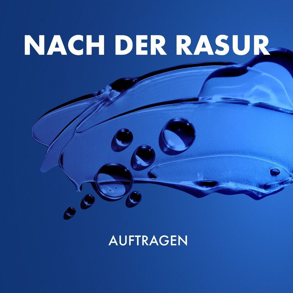 Blaue Geltextur und Wassertropfen illustrieren die Anwendung von Gillette Aftershave zur Hautpflege nach der Rasur.