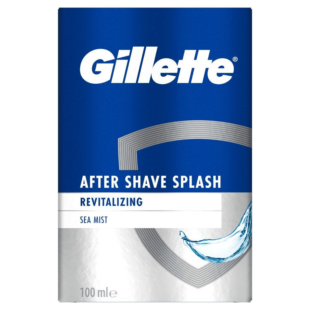 Gillette After Shave Splash Revitalizing Sea Mist, 100 ml, mit einem Spritzer Wasser auf der Verpackung. [IT] Gillette After Shave Splash revitalizzante Sea Mist, confezione che mostra lo splash d'acqua e la dicitura "Revitalizing". [ES] Gillette After Shave Splash revitalizante, con aroma a Sea Mist, en su empaque azul y plateado. [PT] Gillette After Shave Splash Revitalizing Sea Mist, embalagem destacando a fórmula refrescante e revitalizante.;