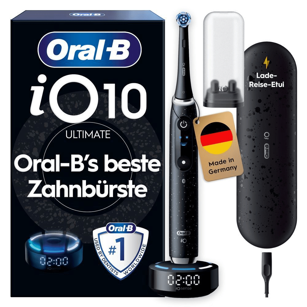 Oral-B iO 10 Ultimate Zahnbürste, mit Verpackung und Zubehör, hervorgehoben als Oral-B’s beste Zahnbürste. Mit Made in Germany Anhänger.