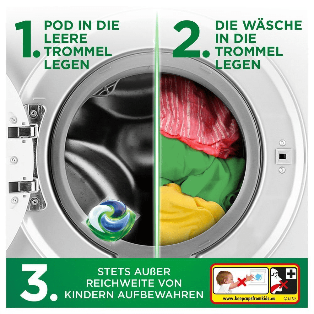 Anleitungsbild: 1) Legen Sie den Ariel Pod in die Trommel der Waschmaschine. 2) Geben Sie die Wäsche auf den Pod. 3) Außerhalb der Reichweite von Kindern aufbewahren.