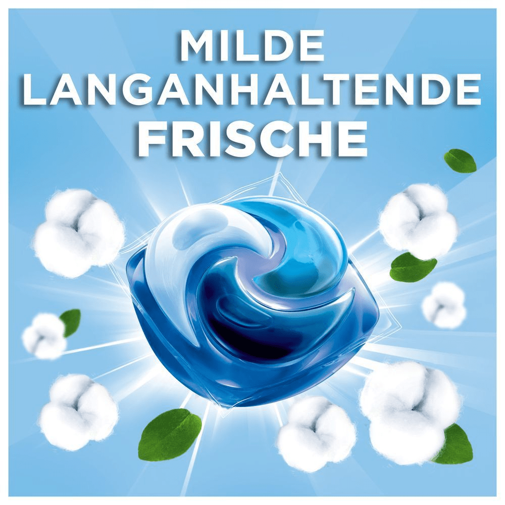 Ariel Waschmittel-Pod mit Baumwolle und Blättern, milde, langanhaltende Frische.