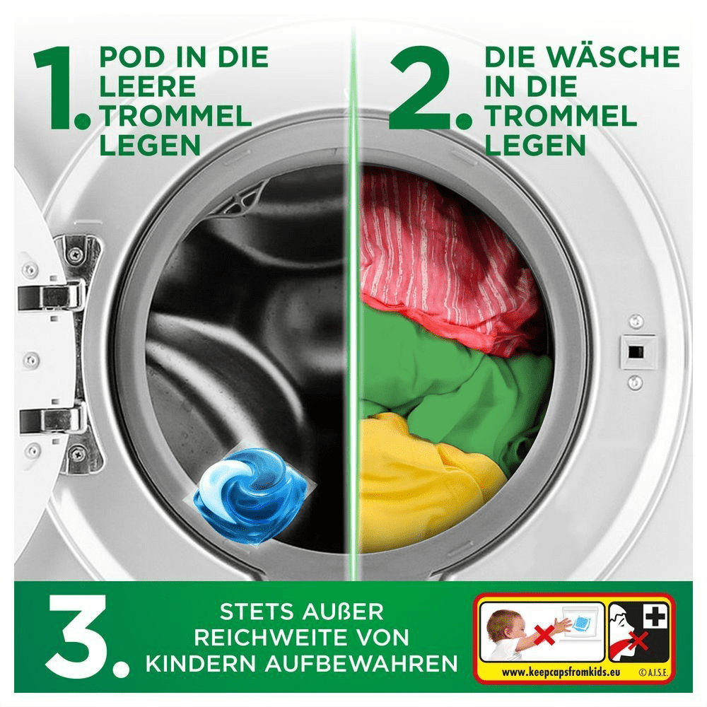 Anleitungsbild: 1) Legen Sie den Ariel Pod in die Trommel der Waschmaschine. 2) Geben Sie die Wäsche auf den Pod. 3) Außerhalb der Reichweite von Kindern aufbewahren.