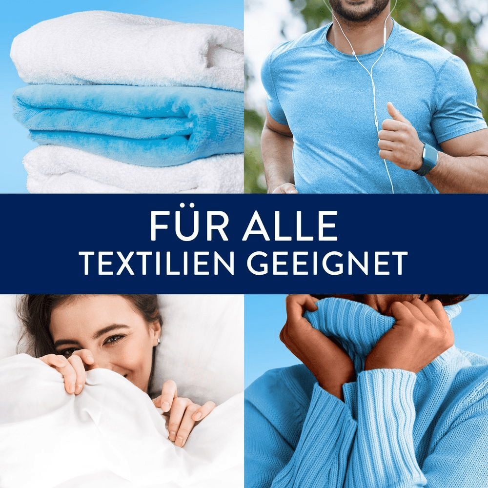 Collage mit dem Text: 'Geeignet für alle Textilien'. Enthält Handtücher, einen laufenden Mann, eine Frau in einer Decke und eine Frau im Pullover.