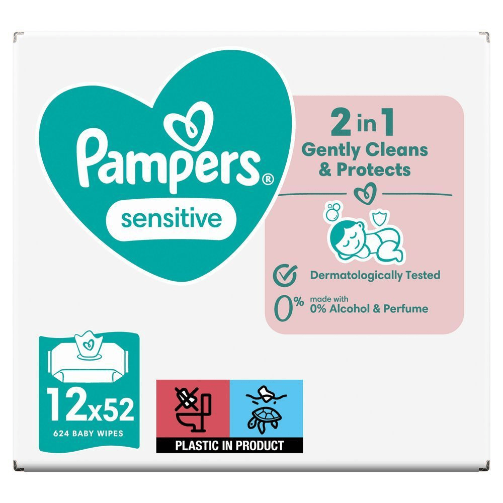 Pampers Sensitive Feuchttücher im Vorteilspack (12x52), 2-in-1: Reinigt sanft und schützt, dermatologisch getestet und ohne Alkohol und Parfum. [EN] Pampers Sensitive baby wipes, 12 packs of 52, featuring the claim "2 in 1 gently cleans & protects." [RO] Pampers Sensitive șervețele umede, pachet de 12 x 52, cu mențiunea "2 în 1, curăță delicat și protejează" și "0% alcool și parfum". [IT] Pampers Sensitive salviette per bambini, confezione da 12 x 52, delicate sulla pelle e dermatologicamente testate, senza alcool e profumo. [HR] Pampers Sensitive vlažne maramice, pakiranje koje naglašava da su dermatološki testirane i napravljene s 0% alkohola i parfema. [CS] Pampers Sensitive ubrousky, balení 12 x 52, dermatologicky testováno a vyrobeno s 0 % alkoholu a parfémů. [HU] Pampers Sensitive törlőkendők csomagolása, kiemelve a "2 az 1-ben, gyengéden tisztít és véd" és a "0% alkohol és parfüm" jelöléseket. [SK] Pampers Sensitive vlhčené obrúsky, balenie 12 x 52 kusov, dermatologicky testované a vyrobené s 0% alkoholom a parfumom. [SL] Pampers Sensitive vlažilni robčki, pakiranje 12x52, dermatološko testirani in narejeni z 0% alkohola in parfumov.;