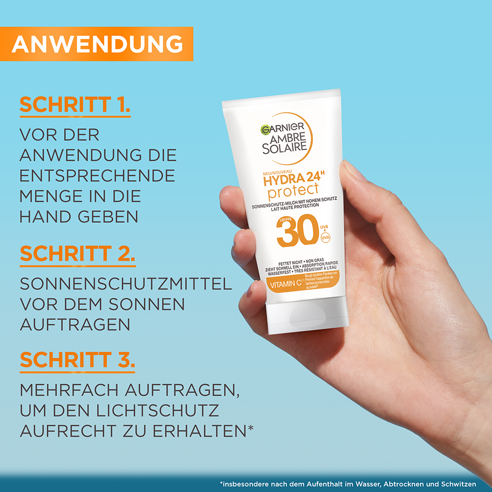 Bild: GARNIER AMBRE SOLAIRE Ambre Solaire Hydra 24H Sonnenschutz-Milch LSF 30 