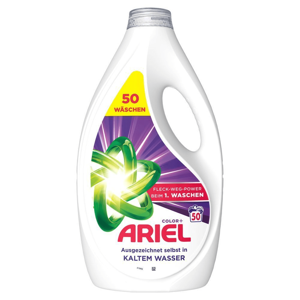 Ariel Color+ Flüssig, 50er-Packung, mit dem Schriftzug „Fleckenlösekraft ab der ersten Wäsche“. [EN] Ariel Color+ liquid, 50-wash pack, with the words "Stain removal power from the first wash". [IT] Ariel Color+ liquido, confezione da 50 lavaggi, con la scritta "Efficace rimozione delle macchie fin dal primo lavaggio".;