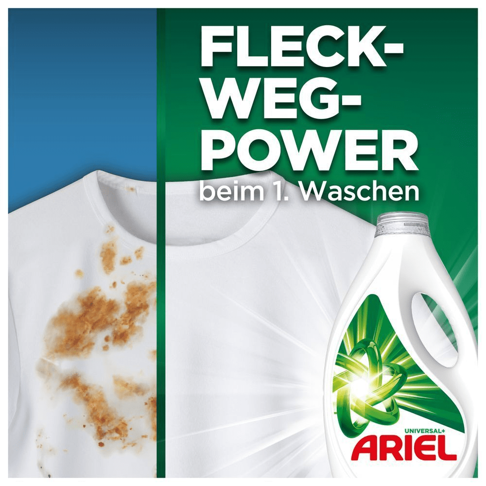 Nahaufnahme eines fleckigen weißen T-Shirts vor und nach der Reinigung mit Ariel Original Flüssigwaschmittel. Das Ergebnis ist strahlend weiß. Text: „FLECK-WEG-POWER beim 1. WASCHEN“ [EN] Close up of a stained white T-shirt before and after cleaning with Ariel Original liquid laundry detergent. Result is sparkling white. Text reads: "STAIN-AWAY POWER FROM THE 1. WASH";