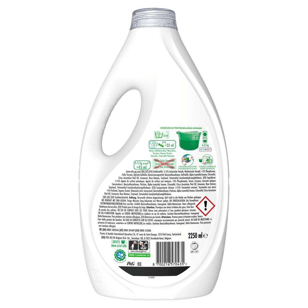 Ariel Flüssigwaschmittel, Großpackung, mit Dosierungsanleitung für unterschiedliche Wäschemengen und Verschmutzungsgrade. Zeigt die Rückseite mit Angaben zu Inhaltsstoffen und gesetzlichen Vorschriften in Deutsch. [EN] Ariel liquid laundry detergent, large size, with dosing instructions for different loads and soil levels. [IT] Detersivo liquido per bucato Ariel, 2250ml;