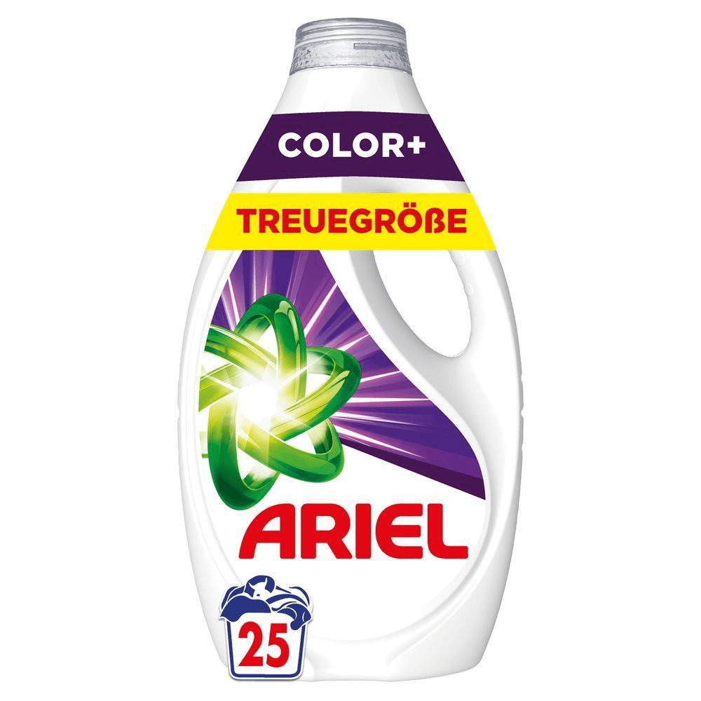 Ariel Color+ Flüssigwaschmittel, Familiengröße, für 25 Wäschen, zum Schutz leuchtender Farben. Text ist abgebildet: "TREUEGRÖßE"
 [EN] Ariel Color+ liquid laundry detergent, family size, for 25 washes, designed to protect vibrant colors. [IT] Detersivo liquido per bucato Ariel Color+, formato famiglia, bottiglia da  25 lavaggi;