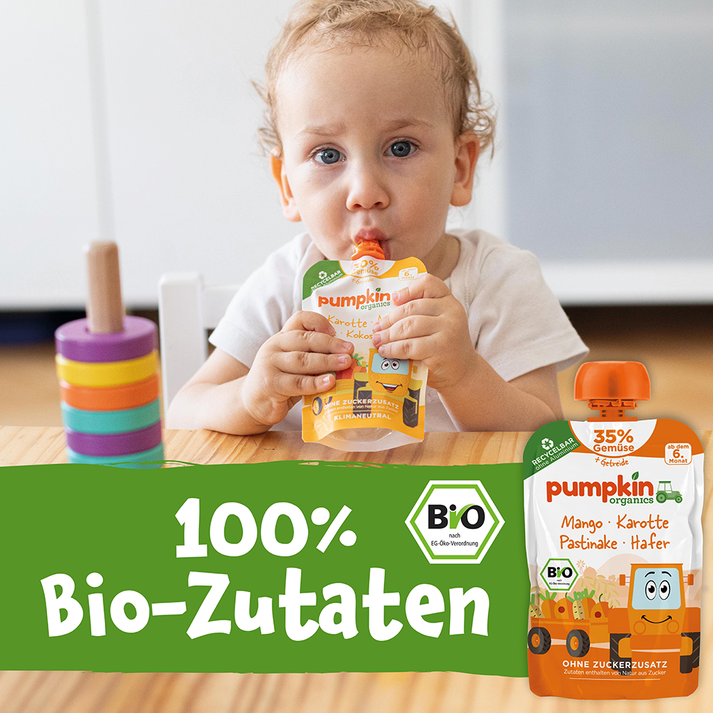 Bild: pumpkin organics Quetschie Mango, Karotte, Pastinake und Hafer 