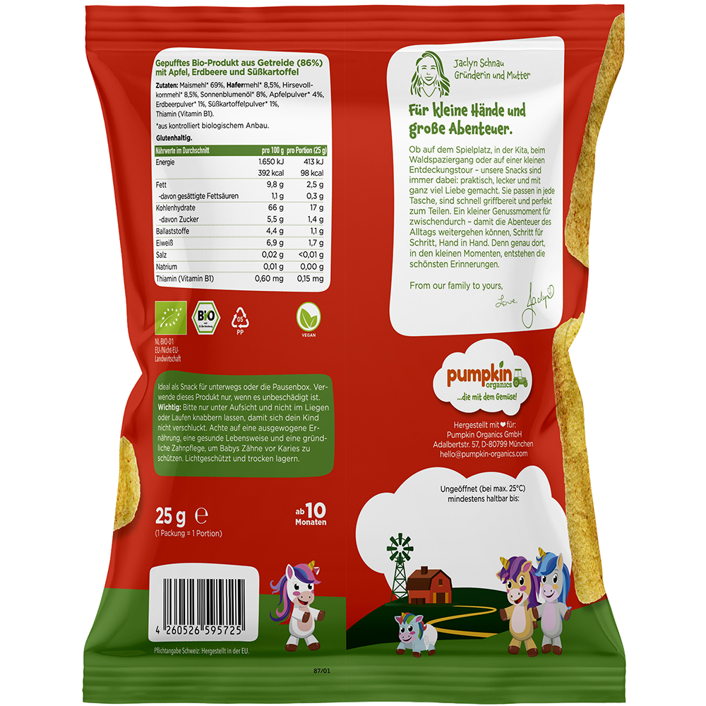 Bild: pumpkin organics Bio Mehrkorn Schmelzlinge Apfel, Erdbeere und Süßkartoffel 