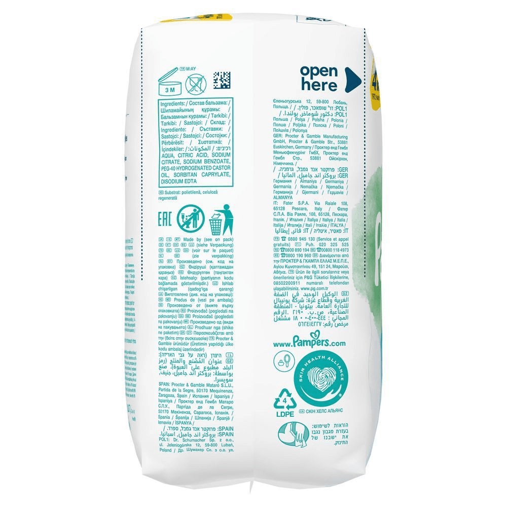 Pampers Windelverpackung, die den Hinweis "Open here" und 44 Feuchttücher pro Packung hervorhebt. [EN] Pampers wipes packaging showing the "Skin Health Alliance" logo and directions to open here. [RO] Pampers pachet cu ingredientele listate și sigla Skin Health Alliance, indicând protecția pielii bebelușului. [IT] Pampers pannolino confezione multipla con indicazione "Open here" e logo Skin Health Alliance in evidenza. [HR] Pampers pelene u pakiranju s oznakom "Open here" i logom Skin Health Alliance. [CS] Pampers balení plenek, zdůrazňující složení s 0% parfémů a lotionů, které pomáhají chránit pokožku. [HU] Pampers pelenka csomagolása, kiemelve a "Skin Health Alliance" logót a bőr egészségének védelmére. [SK] Pampers balenie plienok s nápisom "Open here" a logom Skin Health Alliance, zdôrazňujúce dermatologicky testované zloženie. [SL] Pampers plenice, pakiranje poudarja "Open here" (odpri tukaj) in vsebuje 44 plenic.;