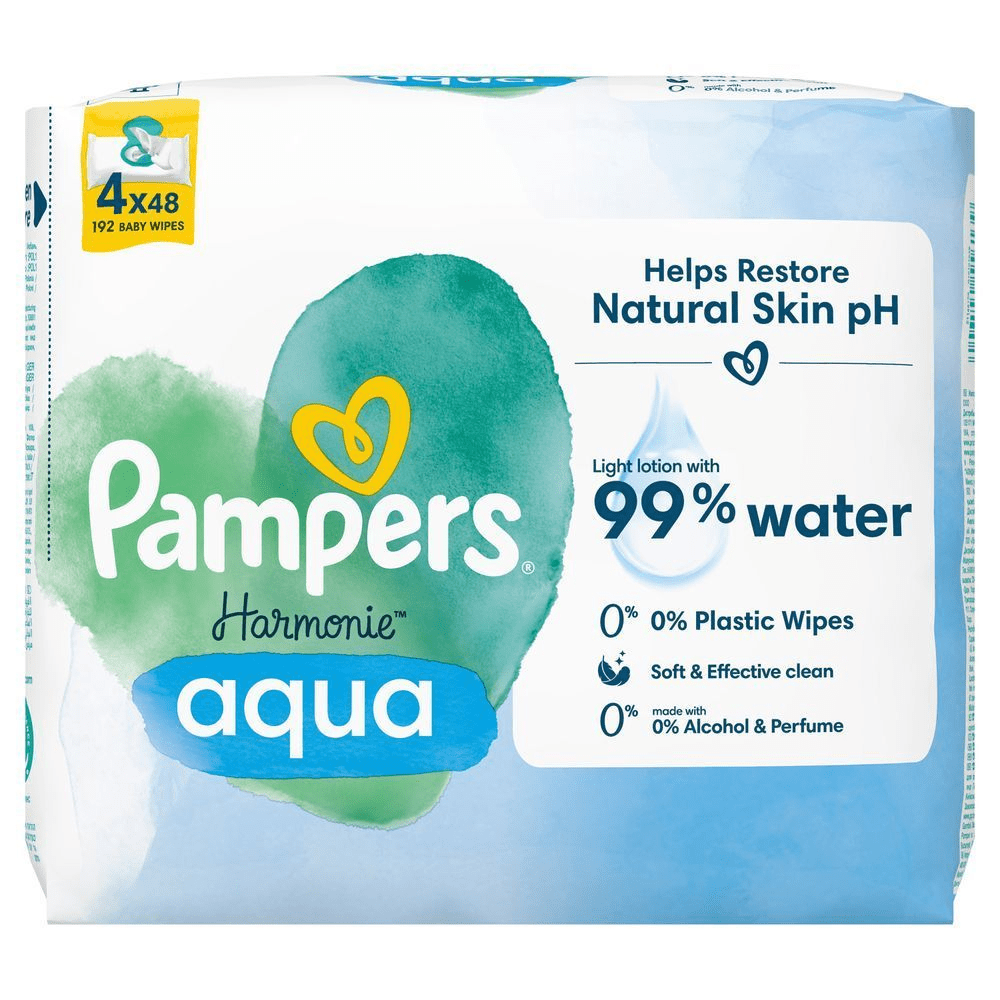 Pampers Harmonie Aqua Feuchttücher, 4er Pack mit 192 Tüchern, mit dem Hinweis "Leichte Lotion mit 99% Wasser". [EN] Pampers Harmonie Aqua baby wipes, 4 packs of 48, featuring the claim "Light lotion with 99% water." [RO] Pampers Harmonie Aqua, pachet cu 4 x 48 șervețele pentru bebeluși, cu loțiune ușoară cu 99% apă. [IT] Pampers Harmonie Aqua, confezione da 4 pacchi, salviette per bambini con lozione leggera al 99% di acqua. [HR] Pampers Harmonie Aqua vlažne maramice, pakiranje 4x48, s laganim losionom s 99% vode i 0% plastike, alkohola i parfema. [CS] Pampers Harmonie Aqua vlhčené ubrousky, balení 4x48, s lehkým pleťovým mlékem a 99% obsahem vody. [HU] Pampers Harmonie Aqua törlőkendő csomagolása, kiemelve a 99%-os víztartalmat és a 0%-os műanyag összetevőket. [SK] Pampers Harmonie Aqua vlhčené obrúsky, balenie 4x48, s ľahkou pleťovou vodou a 99% obsahom vody. [SL] Pampers Harmonie Aqua vlažilni robčki, pakiranje 4 x 48, z lahkim losjonom z 99% vodo.;