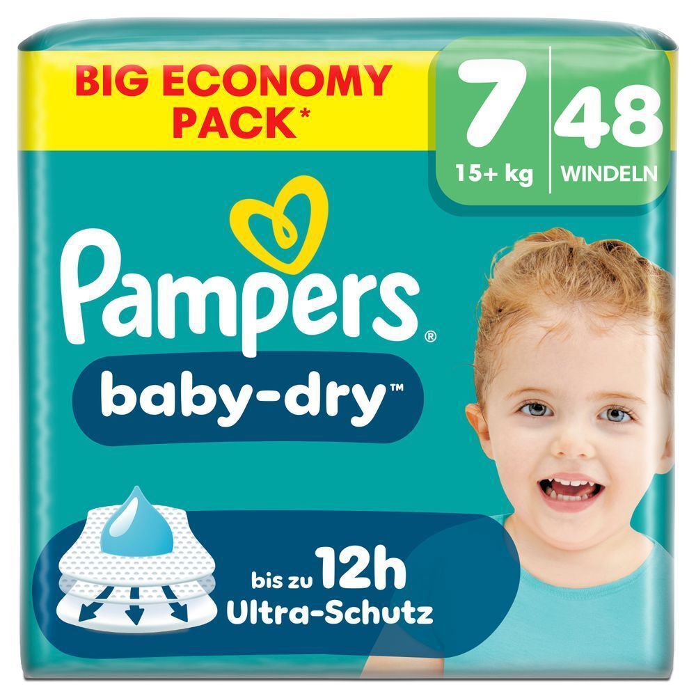 Pampers Baby-Dry Windeln Big Economy Pack, Größe 7 mit 48 Windeln, mit bis zu 12 Stunden Ultra-Schutz.