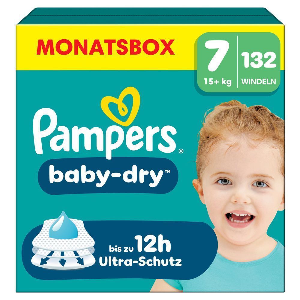 Pampers Baby-Dry Monatspackung, Größe 7 (15+ kg), 132 Windeln, mit bis zu 12 Stunden Ultra-Schutz. [IT] Pampers baby-dry taglia 7, confezione da 132 pannolini, con claim "fino a 12 ore di Ultra-Schutz".;