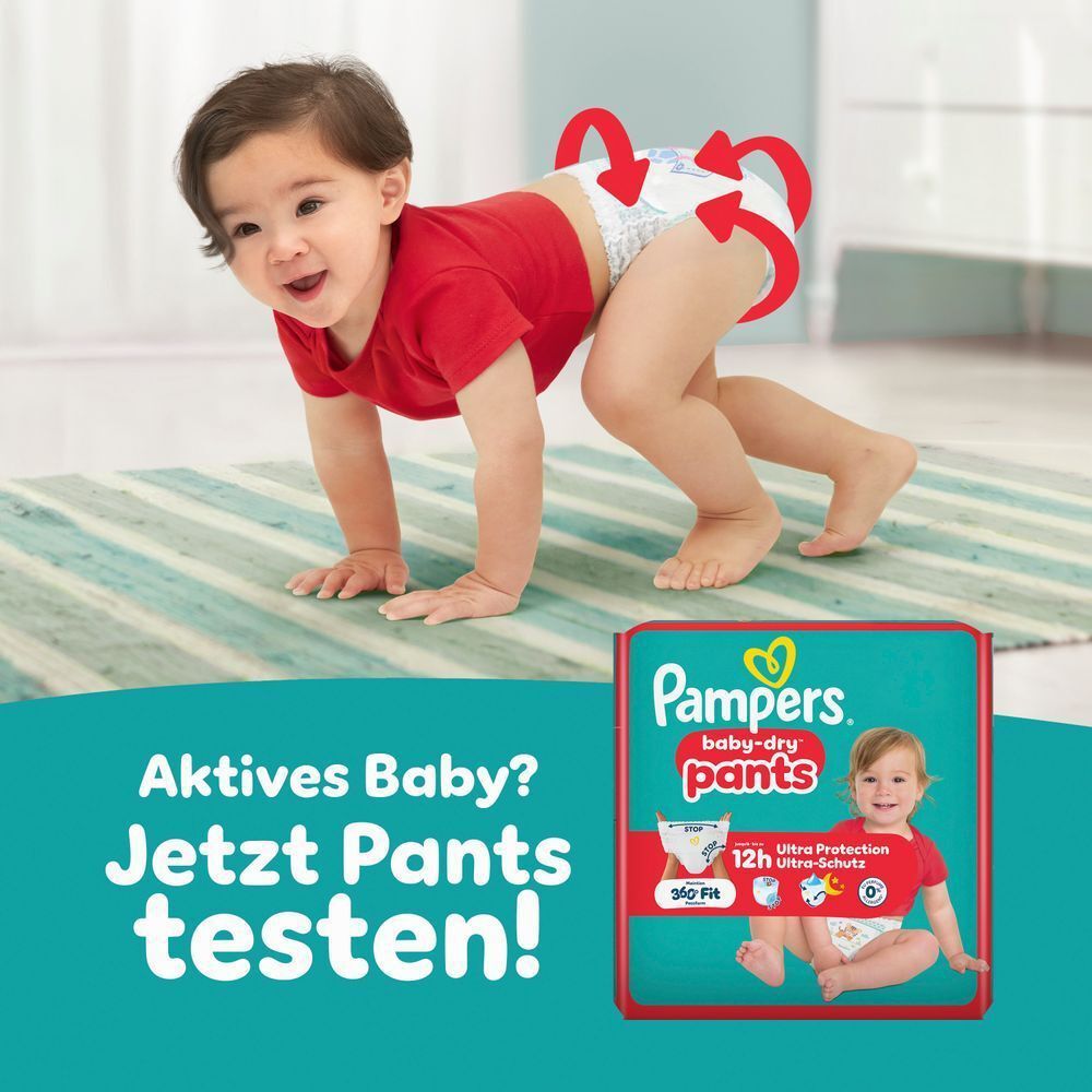 Baby krabbelt auf einem Teppich. Teste Pampers Baby-Dry Pants, sobald dein Baby aktiver wird.