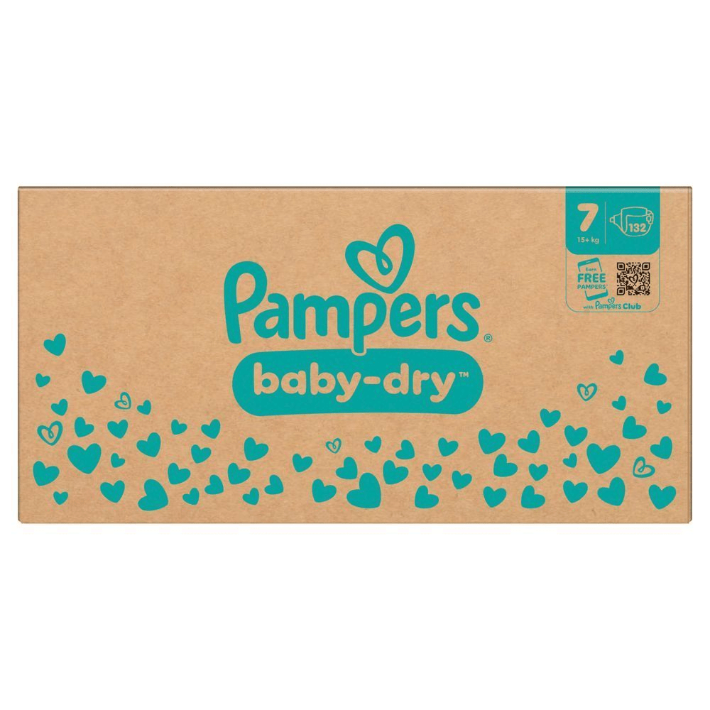 Pampers Baby-Dry Windeln, Größe 7, 15+ kg, Karton mit 132 Windeln und Hinweis auf die Möglichkeit, kostenlose Windeln über den Pampers Club zu erhalten. [IT] Pampers Baby-Dry confezione taglia 7 (15+ kg) con 132 pannolini, e l'offerta di "pannolini gratis" con il Pampers Club.;