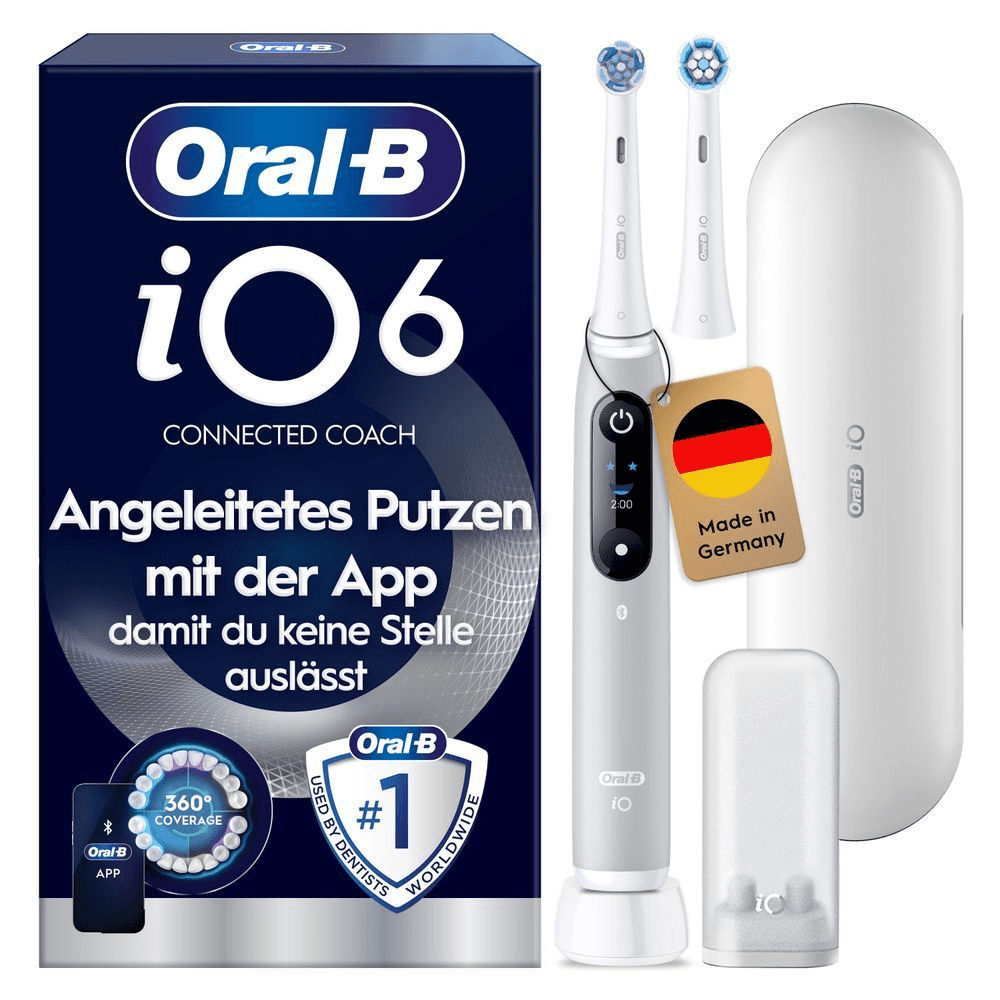 Oral-B iO6 Zahnbürste mit Verpackung, die Angeleitetes Putzen mit der App, damit du keine Stelle auslässt hervorhebt. Mit Made in Germany Anhänger.