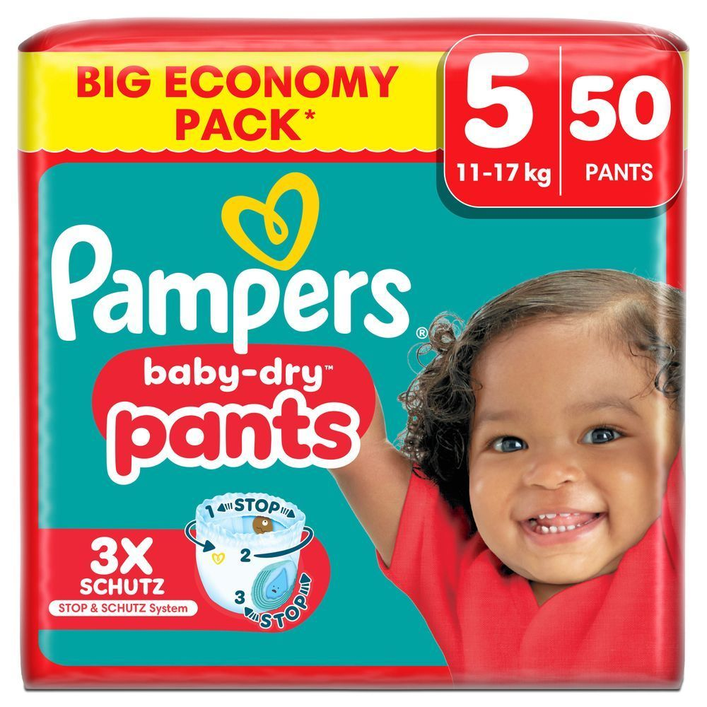 Pampers Baby-Dry Pants Big Economy Pack, Größe 5 mit 50 Pants, 11-17kg, hervorgehoben wird der Produktvorteil: 3x Schutz dank Stop & Schutz System.