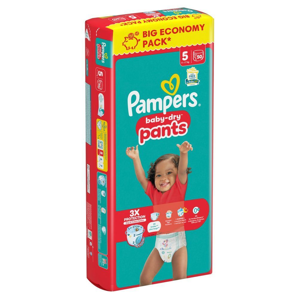 Pampers Baby-Dry Pants, Big Economy Pack Größe 5, mit dem Hinweis auf 3-fach Schutz und Stop & Protect System.;