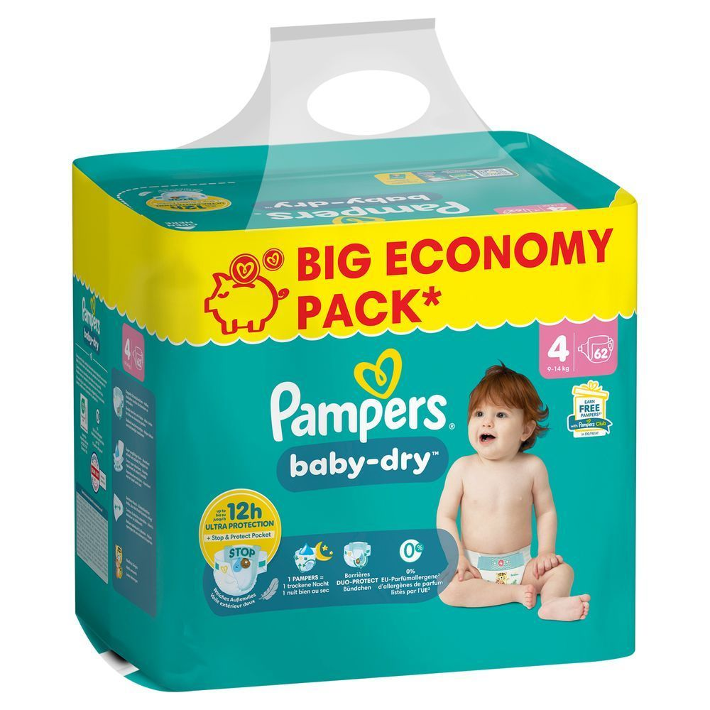 Pampers Baby-Dry Windeln im Big Economy Pack, hervorgehoben wird der 12-Stunden-Ultra-Schutz mit Stop & Protect Pocket.;