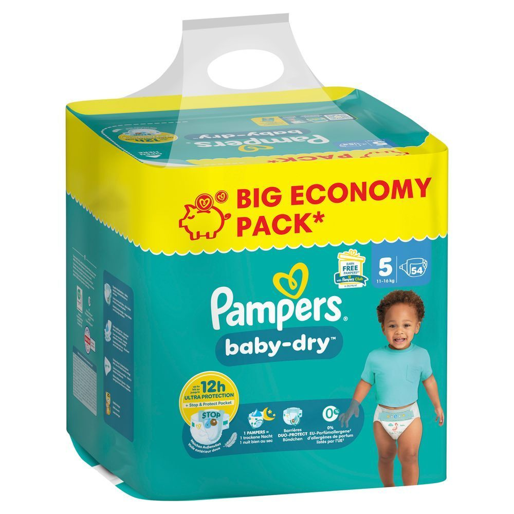 Pampers Baby-Dry Windeln im Big Economy Pack, hervorgehoben wird der bis zu 12h Ultra Protection + Stop & Protect Pocket Vorteil.;