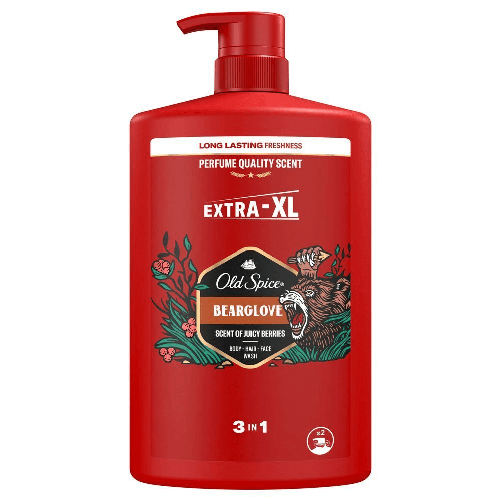 Old Spice Bearglove Duschgel im Extra-XL Format, hervorgehoben mit dem Duft von saftigen Beeren.