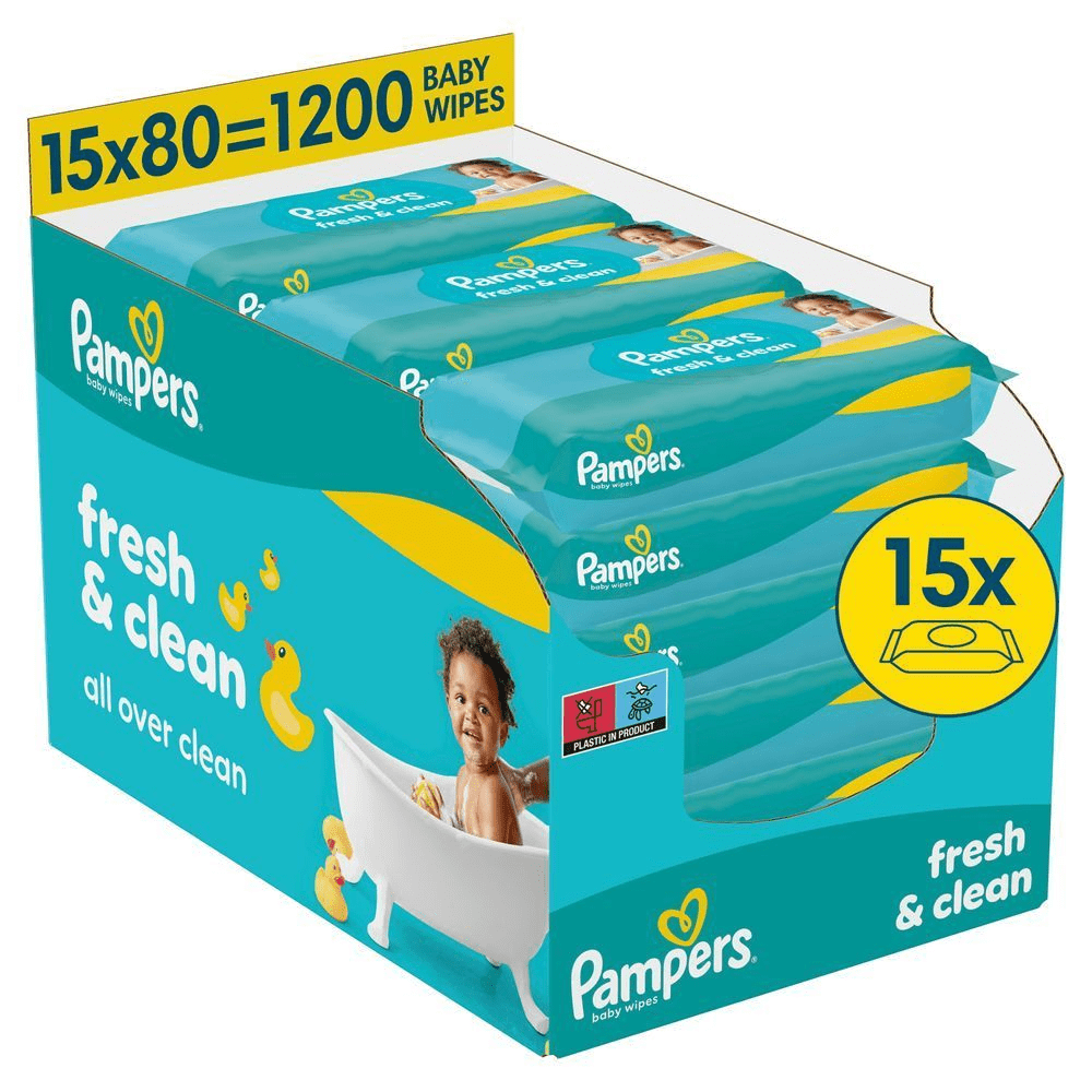Pampers Fresh & Clean Feuchttücher, 15x80 = 1200 Stück, für eine gründliche und zart duftende Reinigung. [EN] Pampers Fresh Clean baby wipes packaging with 15 packs of 80 count wipes [RO] Pachet de șervețele umede Pampers Fresh & Clean, cutie cu 15 pachete, pentru o curățare delicată a pielii bebelușului. [HR] Pampers baby wipes, pakiranje od 15 komada, Fresh & Clean, za čišćenje cijelog tijela. [CS] Balení ubrousků Pampers Fresh & Clean s 15 baleními, které zajišťují dokonalé a svěží očištění pokožky dítěte. [HU] Pampers Fresh & Clean babatörlőkendő csomagolása, kiemelve a 15 darabos kiszerelést. [SK] Pampers Fresh & Clean detské vlhčené obrúsky, balenie 15 kusov, na obale je zdôraznené, že sú vhodné na celé telo. [SL] Pampers Fresh & Clean otroški robčki, prikaz pakiranja s 15 posameznimi paketi robčkov.