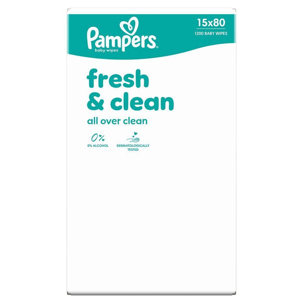 Pampers Feuchttücher Fresh & Clean mit dem Hinweis 0% Alkohol und Dermatologisch getestet. [EN] Pampers Fresh Clean baby wipes packaging with 15 packs of 80 count wipes, highlighting all over clean, 0% alcohol and dermatologically tested,, featuring dermatologically approved by Skin Health Alliance logo. [RO] Pampers șervețele umede pentru bebeluși Fresh & Clean, cu mențiunea 0% alcool și testate dermatologic. [HR] Pampers baby wipes Fresh & Clean pakiranje, istaknuta tvrdnja da su dermatološki testirane i sadrže 0% alkohola. [CS] Balení vlhčených ubrousků Pampers Fresh & Clean, 15x80, 1200 kusů, s nápisem 0% alkoholu a dermatologicky testováno. [HU] Pampers Fresh & Clean törlőkendők csomagolása, 0% alkohollal és bőrgyógyászatilag tesztelve. [SK] Pampers Fresh & Clean detské vlhčené obrúsky, s označením 0 % alkoholu a dermatologicky testované. [SL] Pampers Fresh & Clean otroški robčki, pakiranje s poudarkom na 0% alkohola in dermatološko testirano formulo.