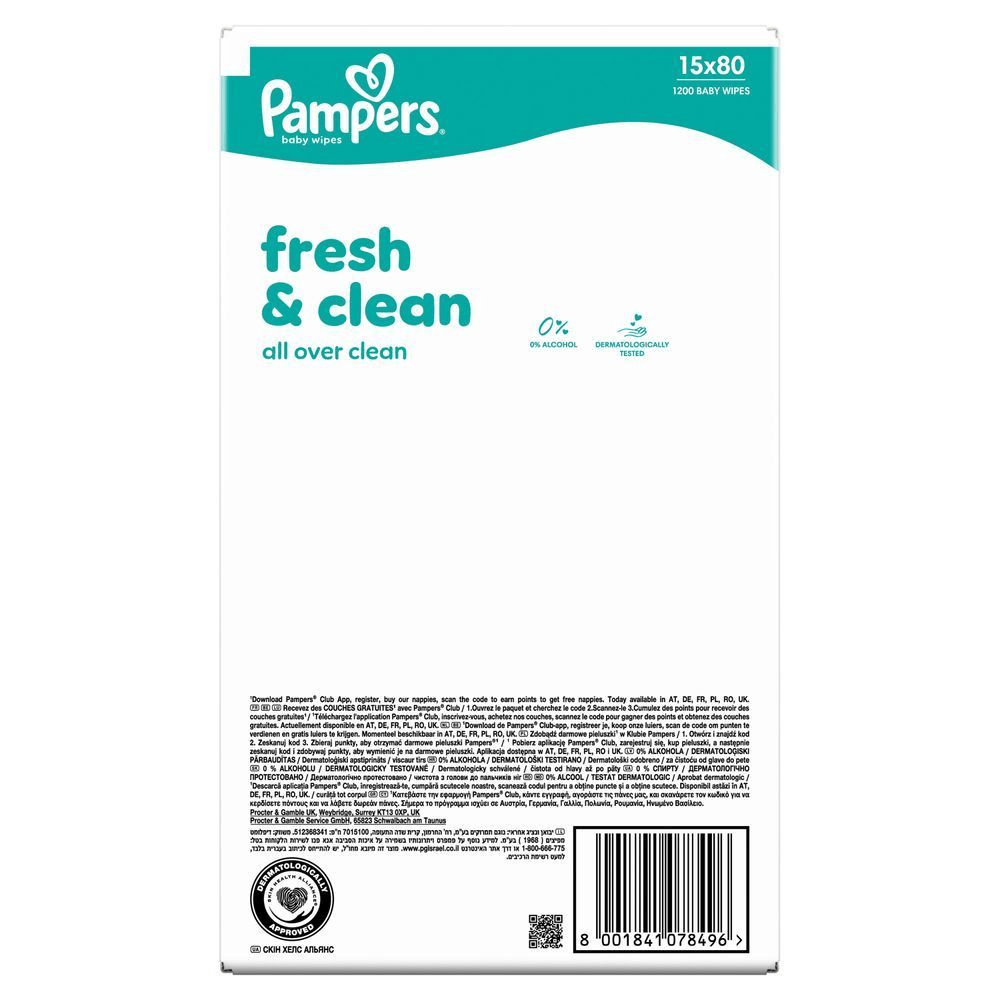 Pampers Feuchttücher Fresh & Clean, 15x80, 1200 Stück, mit dem Hinweis 0% Alkohol, dermatologisch getestet. [EN] Pampers Fresh Clean baby wipes packaging with 15 packs of 80 count wipes, highlighting all over clean, 0% alcohol and dermatologically tested,, featuring dermatologically approved by Skin Health Alliance logo. [RO] Pachet de șervețele pentru bebeluși Pampers Fresh & Clean, 15x80, cu mențiunea 0% alcool și testat dermatologic. [HR] Pampers baby maramice Fresh & Clean, pakiranje od 15x80, dermatološki testirano i bez alkohola. [CS] Pampers vlhčené ubrousky pro děti Fresh & Clean, 15x80, 1200 kusů, s označením 0% alkoholu a dermatologicky testováno. [HU] Pampers baba törlőkendő csomagolása, kiemelve a fresh & clean és a 0% alkohol tartalmat, bőrgyógyászatilag tesztelve. [SK] Pampers vlhčené obrúsky, 15x80, s nápisom fresh & clean a označením, že sú dermatologicky testované a bez alkoholu. [SL] Pampers Fresh & Clean otroški robčki, 15x80, 1200 robčkov, 0% alkohola, dermatološko testirano.