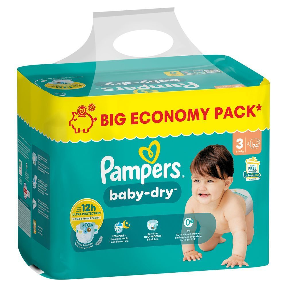 Pampers Baby-Dry Windeln im Big Economy Pack, hervorgehoben wird der 12h Ultra Protection + Stop & Protect Pocket Vorteil.;