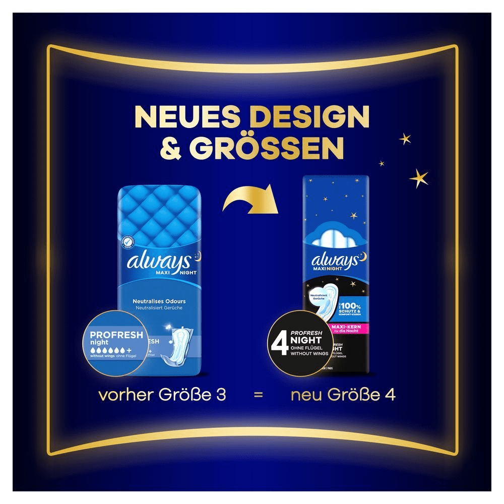 Always Maxi Profresh Night hat ein neues Design. Die vorherige GrÃ¶Ãe 3 ist jetzt GrÃ¶Ãe 4