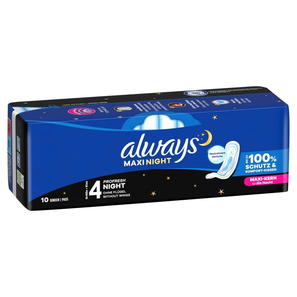 Always Maxi Night Binden, 10 Stück, mit bis zu 100% Schutz und Komfort-Kissen für die Nacht.