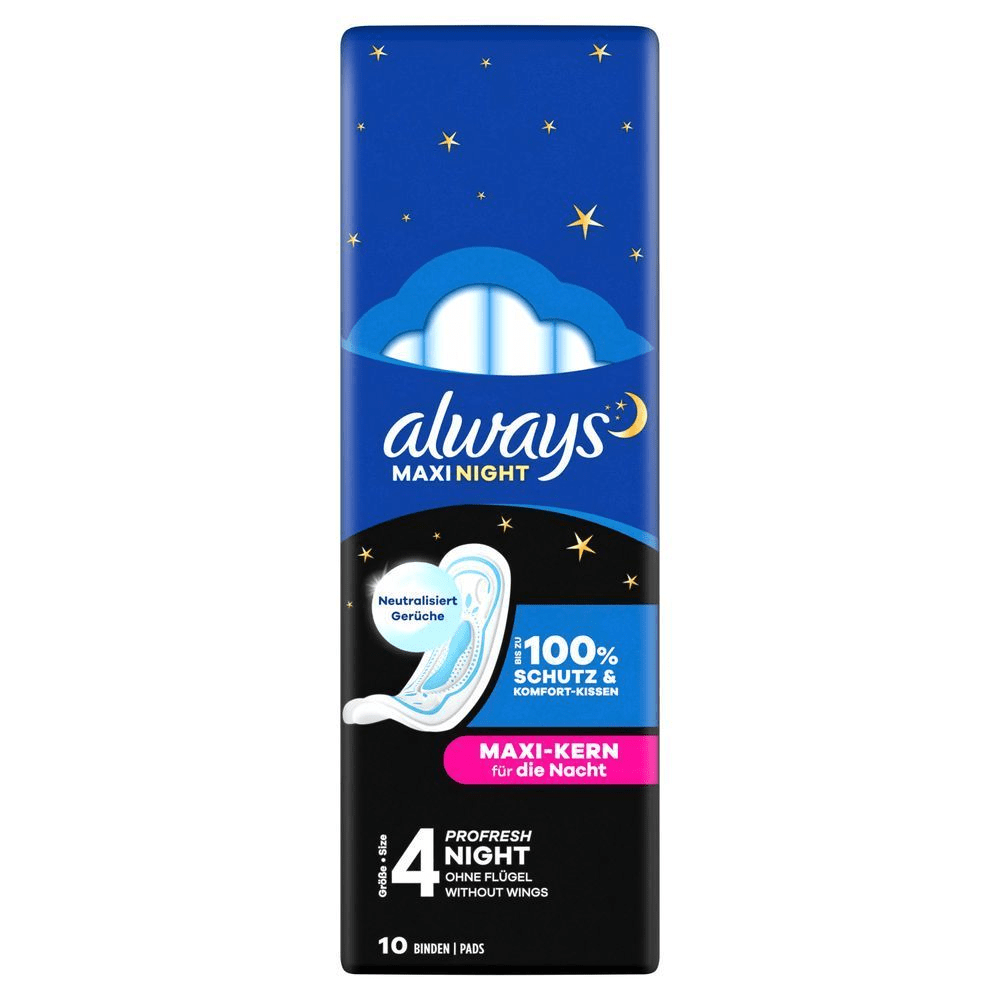 Always Maxi Night Damenbinden-Verpackung, mit dem Hinweis, dass sie Gerüche neutralisieren und bis zu 100% Schutz bieten.