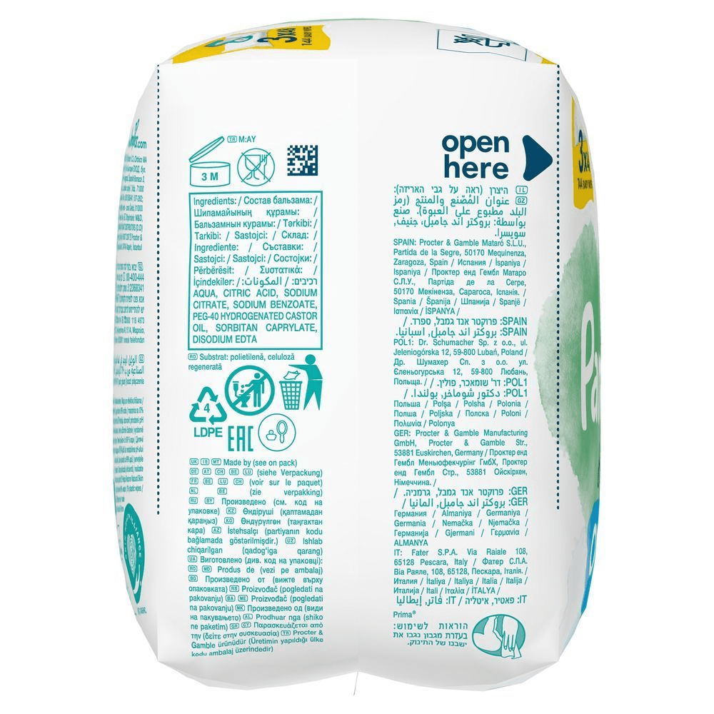 Pampers Harmonie Aqua Feuchttücher, 3er Pack mit 144 Stück, mit leichter Lotion mit 99% Wasser. [EN] Pampers baby wipes packaging showing ingredients list and multilingual manufacturing information, including "open here" text. [RO] Pachet Pampers cu instrucțiuni de utilizare și informații despre ingrediente, inclusiv mențiunea "open here" (deschide aici). [SV] Pampers Baby Wipes förpackning, med fokus på ingredienslistan och instruktioner för återvinning. [IT] Pacco di salviettine Pampers, con indicazioni degli ingredienti e istruzioni di smaltimento dell'imballaggio. [HR] Pampers pakiranje vlažnih maramica s oznakom "open here" (otvori ovdje) i popisom sastojaka na različitim jezicima. [CS] Pampers balení vlhčených ubrousků s nápisem "open here" (otevřít zde) a seznamem ingrediencí. [HU] Pampers pelenkacsomagolás, kiemelve az összetevőket és a gyártási információkat több nyelven. [SK] Pampers balenie vlhčených obrúskov s nápisom "open here" (otvoriť tu) a informáciami o zložení v rôznych jazykoch. [SL] Pampers embalaža robčkov, poudarja napis "open here" (odpri tukaj) in navodila za uporabo v več jezikih. [FI] Pampers-pakkaus, jossa näkyy ainesosaluettelo ja ohjeet tuotteen hävittämiseen. [NO] Pampers-pakning som viser ingredienslisten og instruksjoner for bruk, samt informasjon om produsent og produksjonsland.;