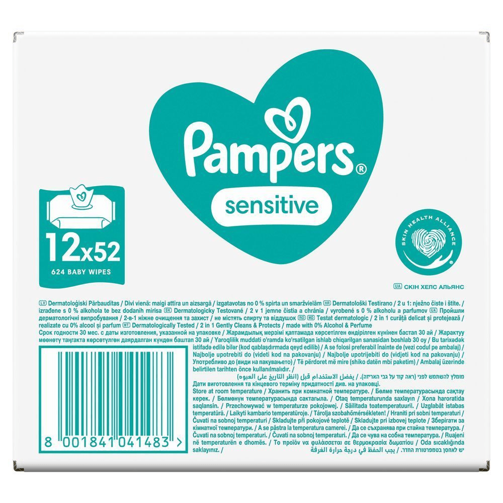 Pampers Sensitive Feuchttücher, 12x52er Packung, sanft reinigend und schützend, dermatologisch getestet und hergestellt ohne Alkohol und Parfüm. [EN] Pampers Sensitive baby wipes, 12 packs of 52, dermatologically tested and gently cleans and protects. [RO] Pachet Pampers Sensitive, 12x52, 624 șervețele pentru bebeluși, testate dermatologic și curăță delicat, realizate cu 0% alcool și parfum. [IT] Pampers Sensitive, confezione da 12 pacchi x 52, per un totale di 624 salviettine, dermatologicamente testate e delicate sulla pelle. [HR] Pampers Sensitive vlažne maramice, pakiranje od 12x52 komada, dermatološki testirane i nježno čiste i štite kožu. [CS] Pampers Sensitive dětské ubrousky, balení 12x52 kusů, dermatologicky testované a 2 v 1 jemně čistí a chrání. [HU] Pampers Sensitive törlőkendő csomagolása, 12x52 darabos kiszerelés, kiemelve a bőrgyógyászatilag tesztelt és 0% alkohol és parfüm tartalmú formulát. [SK] Pampers Sensitive detské vlhčené obrúsky, balenie 12x52, jemne čistia a chránia, dermatologicky testované a vyrobené bez alkoholu a parfumov. [SL] Pampers Sensitive otroški robčki, pakiranje 12 x 52, dermatološko testirani in nežno čistijo ter ščitijo, brez alkohola in parfumov.;