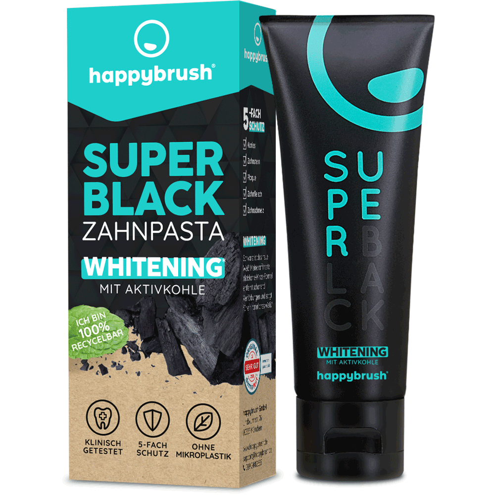 Bild: happybrush Super Black Zahnpasta Whitening mit Aktivkohle