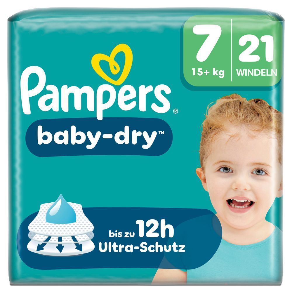 Pampers Baby-Dry Windeln, Größe 7, 21 Windeln, mit "bis zu 12h Ultra-Schutz".