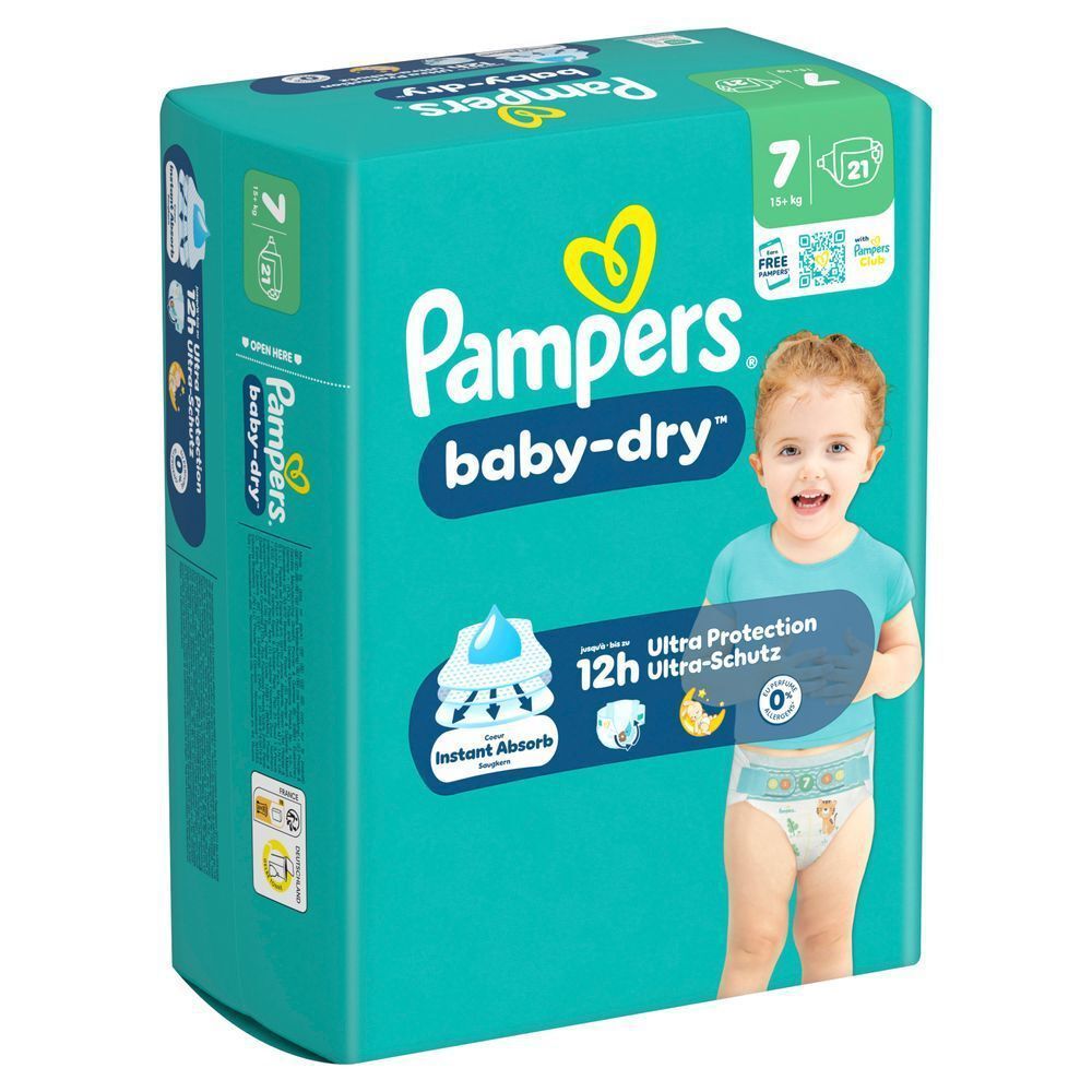 Pampers Baby-Dry Windeln, Größe 7, 21 Stück, mit dem Versprechen von bis zu 12 Stunden Ultra-Schutz.