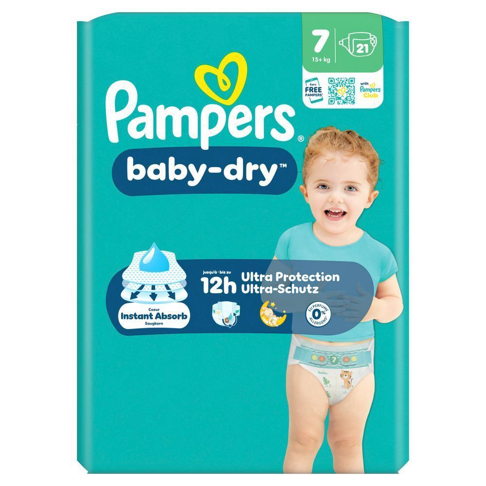 Pampers Baby-Dry Windeln, Größe 7, hervorgehoben mit bis zu 12 Stunden Ultra-Schutz.