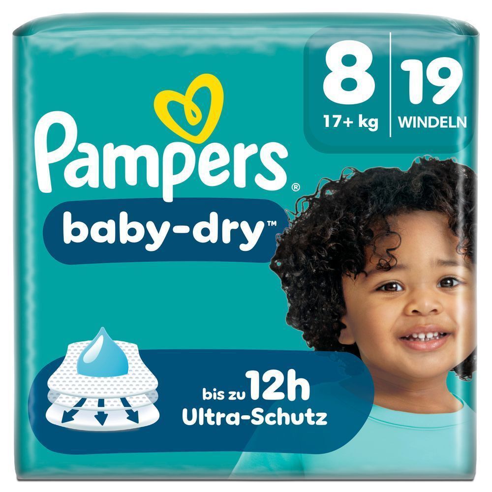 Pampers Baby-Dry Windeln, Größe 8, 19 Stück, mit bis zu 12 Stunden Ultra-Schutz.