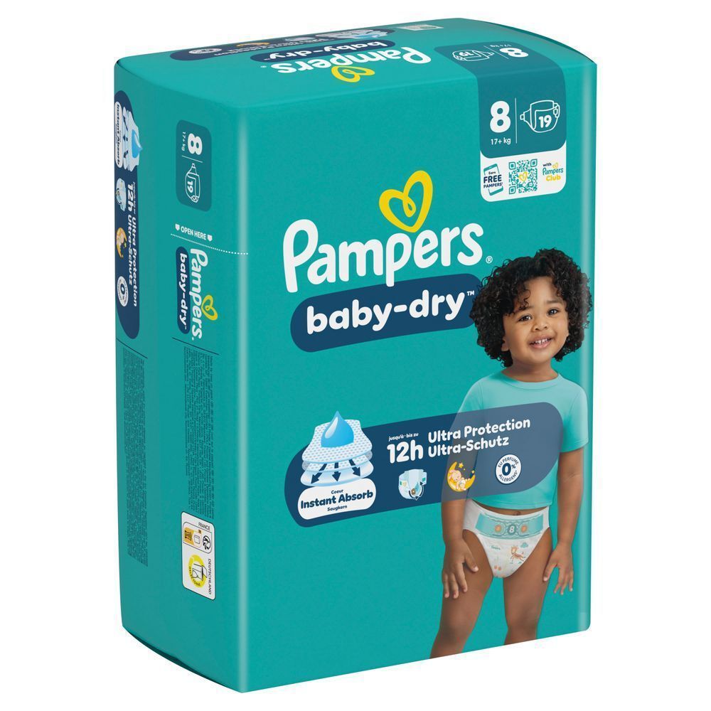 Pampers Baby-Dry Windeln, Größe 8, 19 Windeln. Mit dem Aufdruck bis zu 12h Ultra-Schutz.