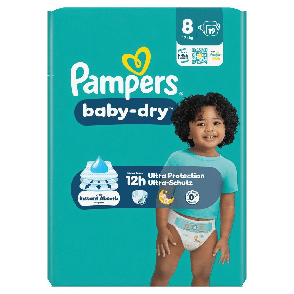 Pampers Baby-Dry Windeln, Größe 8, 19 Windeln. Mit dem Aufdruck bis zu 12 Stunden Ultra-Schutz.