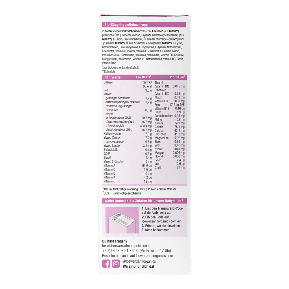 Bild: Löwenzahn organics Bio Pre Anfangsmilch auf Ziegenmilchbasis 