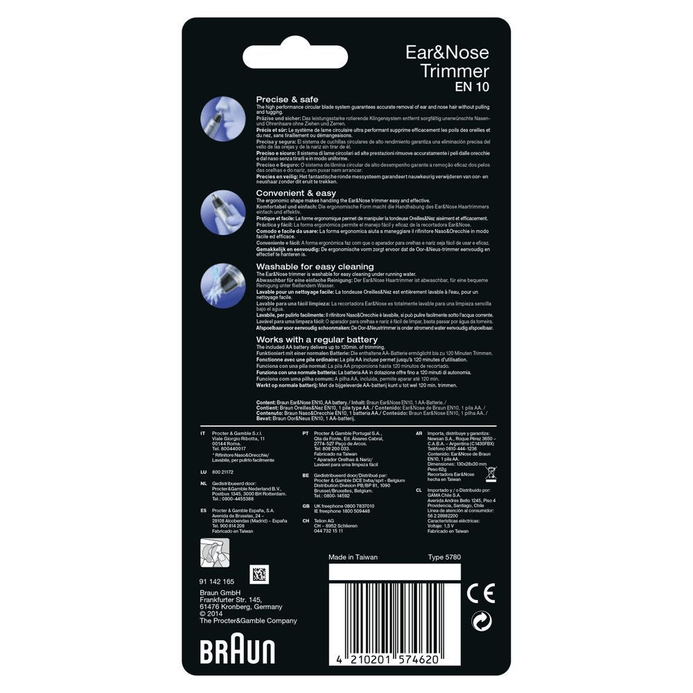 Braun Ear&Nose Trimmer EN10 Verpackung, hervorhebend das rotierende Klingensystem für präzise und sichere Haarentfernung ohne Ziehen.